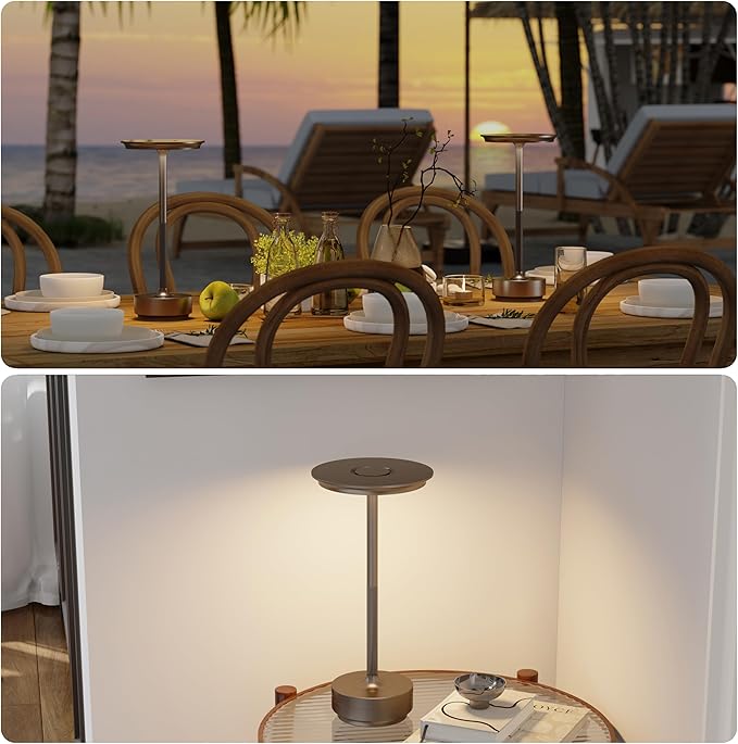 TBBGA 1 Pack Rechargeable Table Lamps Cordless, Portable 5000mAh Outdoor Table Light, 3 Color Stepless Dimming LED Table Lamp with Memory Function, for Home/Dinner/Patio/Restaurant.(Light Cafe)