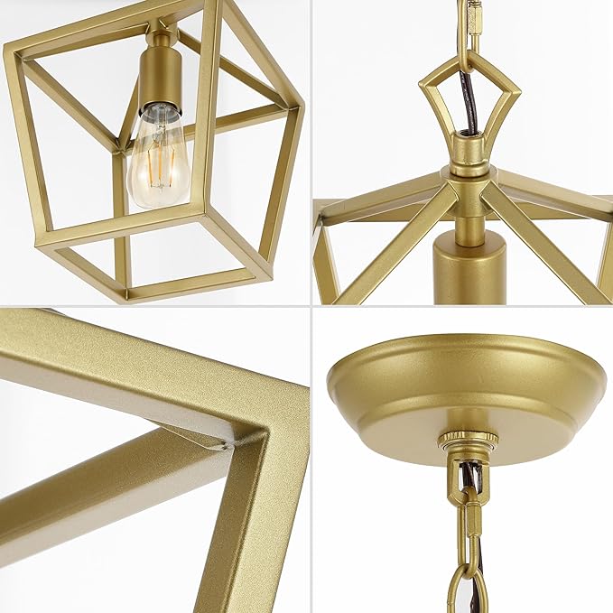 JONATHAN Y 8" Gold Painting Lantern Pendant Light, 1-Light Pagoda Style Metal Cage Farmhouse Hanging Ceiling Fixture for Kitchen Island, LED Bulb Included (JYL7618B)