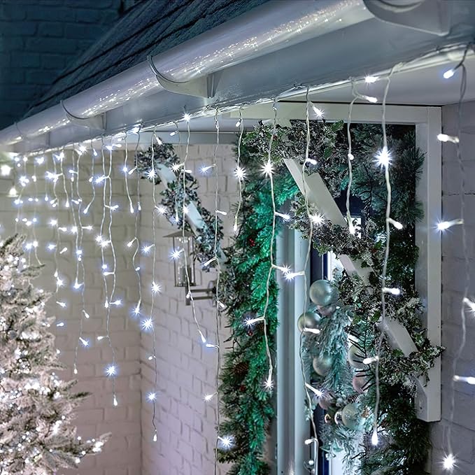 Techip Christmas Lights Outdoor, 33ft 400 LED Icicle Lights for Outside, Plug in Curtain String Lights with 8 Modes Waterproof for Patio Party Holiday Decorations Cool White