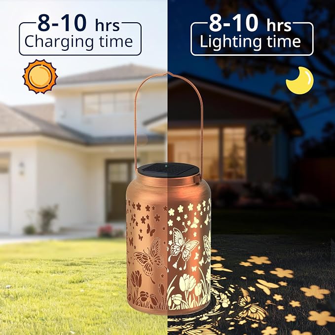 JEJOT Butterfly Solar Lanterns Outdoor Waterproof, Mothers Day Gifts, Birthday Gifts for Women Mom Grandma,Metal Hanging Solar Lantern for Yard,Garden,Porch Landscape Deconrations-2 Pack