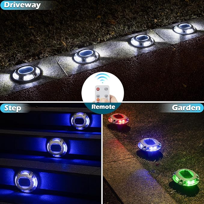 SIEDiNLAR Solar Driveway Light with Remote, 11 RGB Modes, Waterproof Outdoor Safety Light for Driveway Marker Deck Dock Walkway Pathway Step Yard Garden (16 Pack)