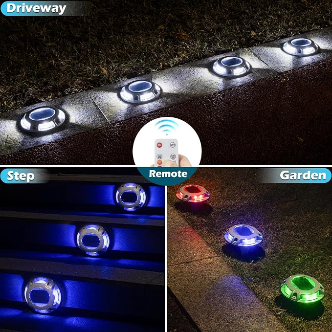 SIEDiNLAR Solar Driveway Light with Remote, 11 RGB Modes, Waterproof Outdoor Safety Light for Driveway Marker Deck Dock Walkway Pathway Step Yard Garden (1 Pack)