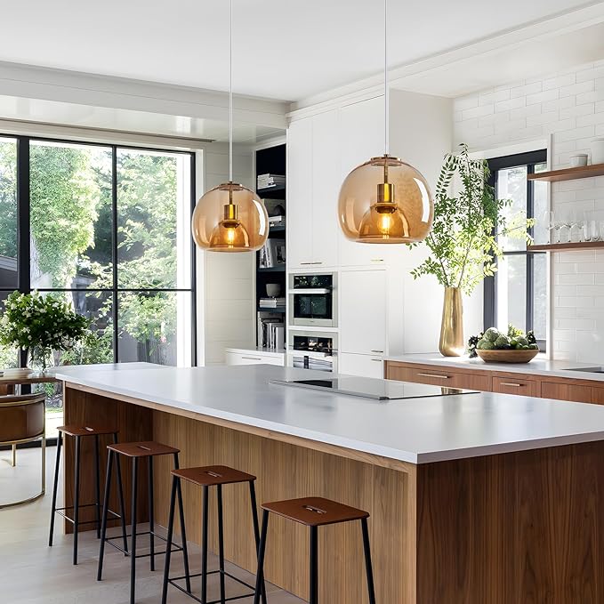 Amber Glass Pendant Lights Kitchen Island Gold Hanging Light Fixture Glass Globe Pendant Light Modern Pendant Lighting for Dining Room Bedroom Kitchen Island (9.84", 1 Pack)