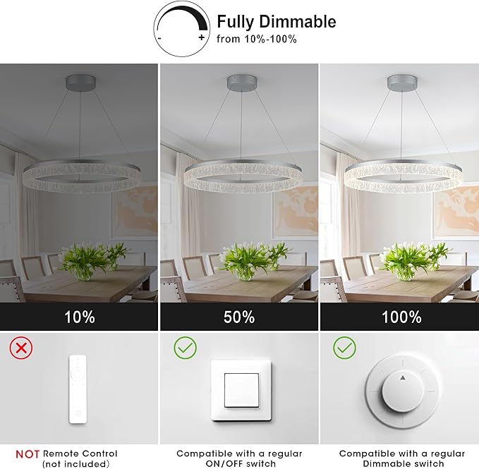MADEM Modern Silver Led Pendant Light,36W Dimmable LED Chandelier Lighting Fixture, 1 Ring Circular Hanging Led Pendant Lighting for Living Room Dining Room Kitchen Island Foyer Office