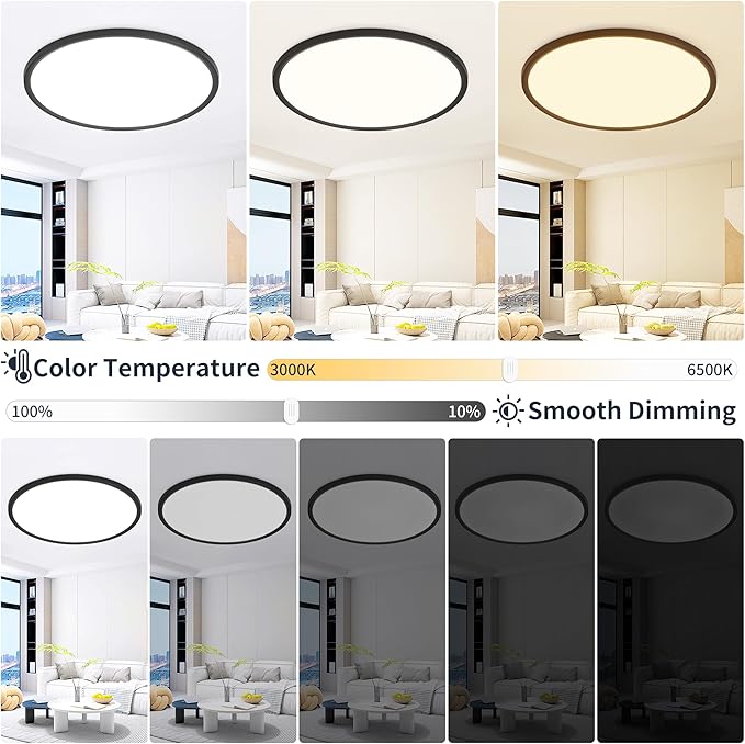16 Inch Flush Mount Ceiling Light with Remote, 36W Dimmable LED Fixture 3600LM, 3000K-6500K Adjustable, Round Ceiling Lamp for Bedroom, Kitchen, Living Room, Dining Room, Bathroom, Black