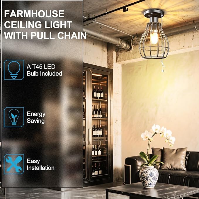 Lightdot 2Pack Flush Mount Ceiling Light with Pull Chain Farmhouse Industril LED Light Fixture for Closet Metal Cage Pull String Light Fixture for Laundry, Bedroom, Hallway