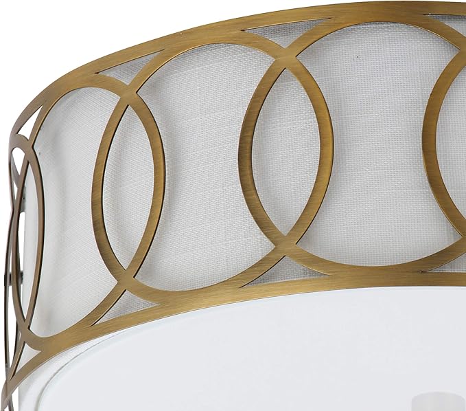 JONATHAN Y 12.25" Brass Gold 2-Light Modern Metal LED Flush Mount Ceiling Light for Bedroom Hallway, White Linen Drum Shade with Geometric Fretwork, LED Bulbs Included JYL3502A