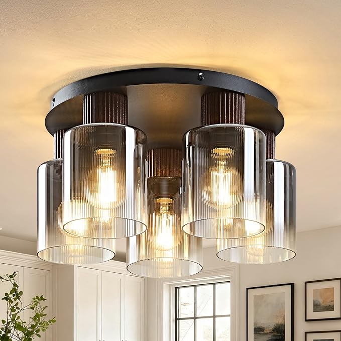 5-Lights Semi Flush Mount Ceiling Light Kitchen Lighting Fixtures Ceiling Black Walnut Wood Kitchen Cieling Light Fixtures with Clear Glass Shade for Dining Room Entryway Foyer Hallway