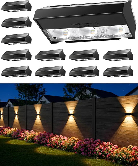 Solar Fence Lights Outdoor Waterproof 12 Pack, 3 Modes (3000K/4500K/6000K), 6 LEDs Up and Down Fence Lights Solar Powered for Outside, Deck Lighting for for Backyard/Garden/Patio/Garage Wall Decor