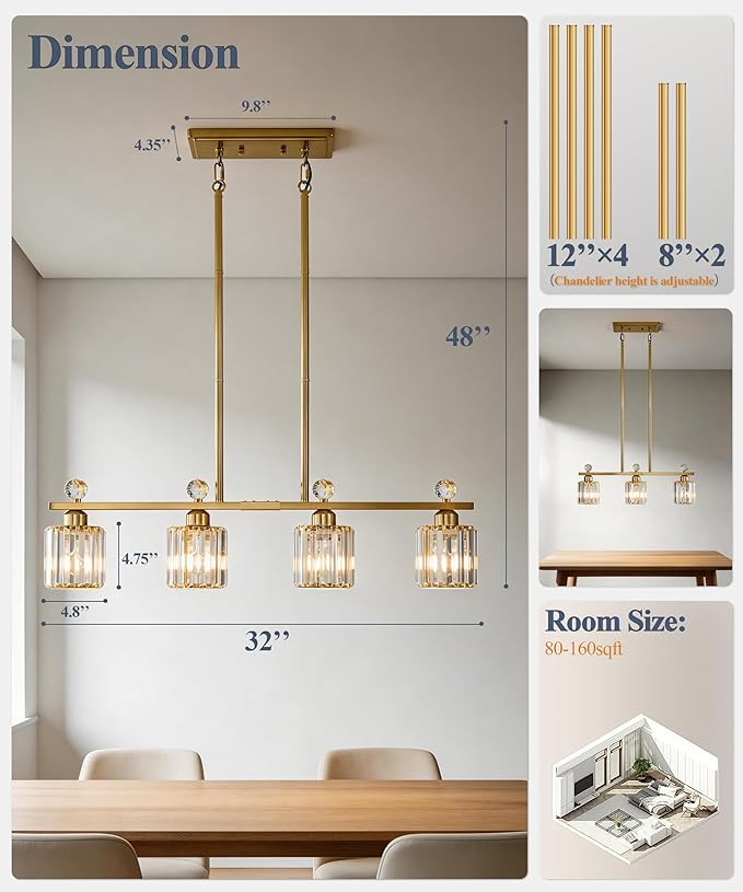 Modern Dining Room Light Fixture Over Table, Crystal Pendant Lights Kitchen Island, Chandeliers for Dining Room Kitchen Light Fixtures (E26) 4-Light Gold
