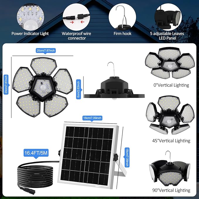Solar Shed Light Motion Sensor Lights Outdoor IP65 Waterproof with Remote Control, Solar Powered Pendant Light Indoor with 5+1 Panels for Garden, Gazebo, Chicken Coop, Patio, Balcony, Barn
