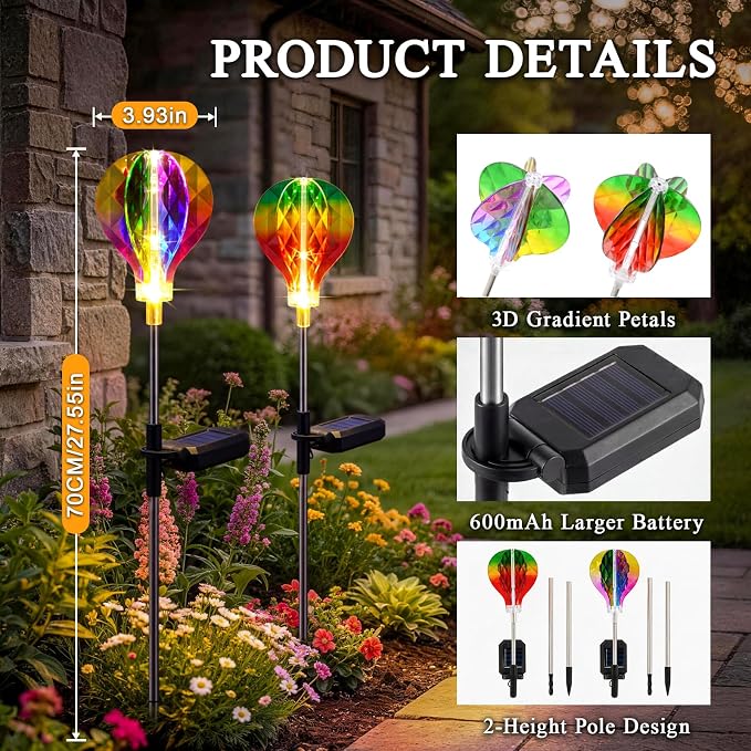 Solar Garden Lights Outdoor Decor, 2 Pack Solar Lights Outdoor Decorative Waterproof with Unique 3D-Cut Design, Garden Stake Light for Yard Patio Pathway Lawn Decorations, Gifts for Mom Women