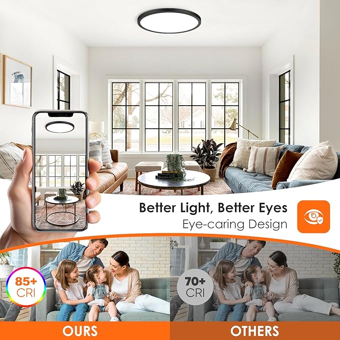 Brightever 12 Inch Black LED Flush Mount Ceiling Lights, 28W 3200LM, Ultra Thin 0.67 Inch Close to Ceiling Light Fixtures, 5000K Daylight Dimmable Flat Ceiling Lamp for Dining Room, Garage, 6 Packs