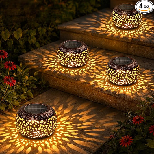 Solar Lanterns Outdoor Waterproof, 4 Pack Flower Petal Solar Garden Lights with 2 Lighting Colors, Vintage Metal Outdoor Patio Garden Decor - Unique Gifts for Women Mom Sisters Birthday