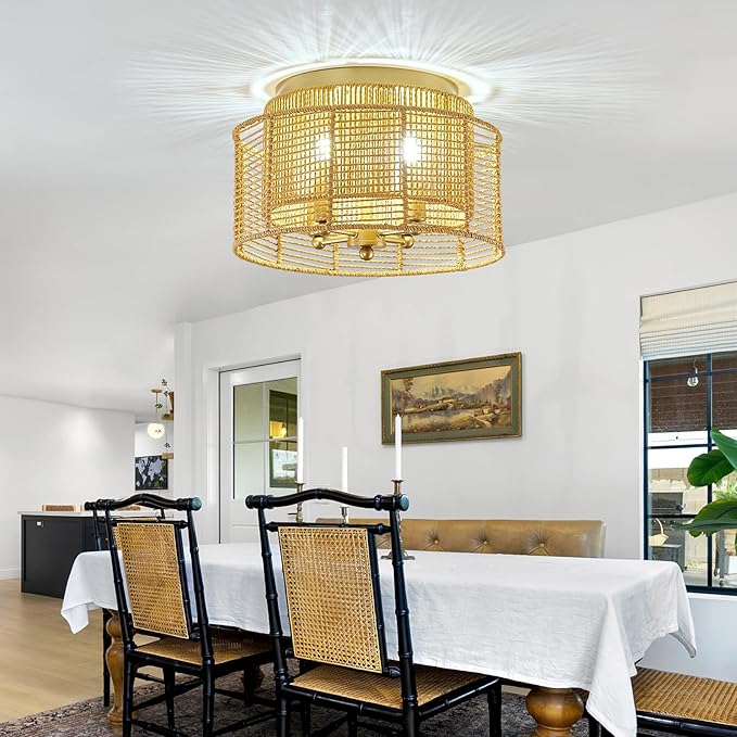 hesoge Boho Rattan Semi Flush Mount Ceiling Light Vintage Gold Ceiling Light Fixture 4 Light Round Chandelire for Farmhouse Bedroom Entryway Kitchen Foyer Dining Room