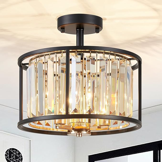 AGV LIGHTING CL005BB K9 Crystal Semi Flush Mount Ceiling Light Fixture, E12 Base 3-Lights, D13 x H15, Champagne Crystal Shade & Matte Black Finish Metal Frame
