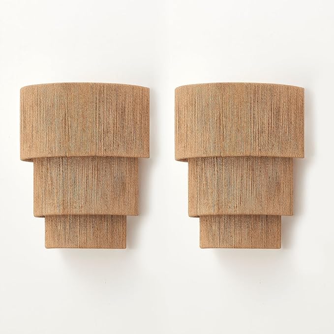 Set of 2 Hand Woven Rattan Wall Sconces 3 Round Transitional Minimalist Boho Wall Lights Coastal Wall Lamp for Bedside Hallway Vanity Stairway Fireplace Living Room, UL Listed