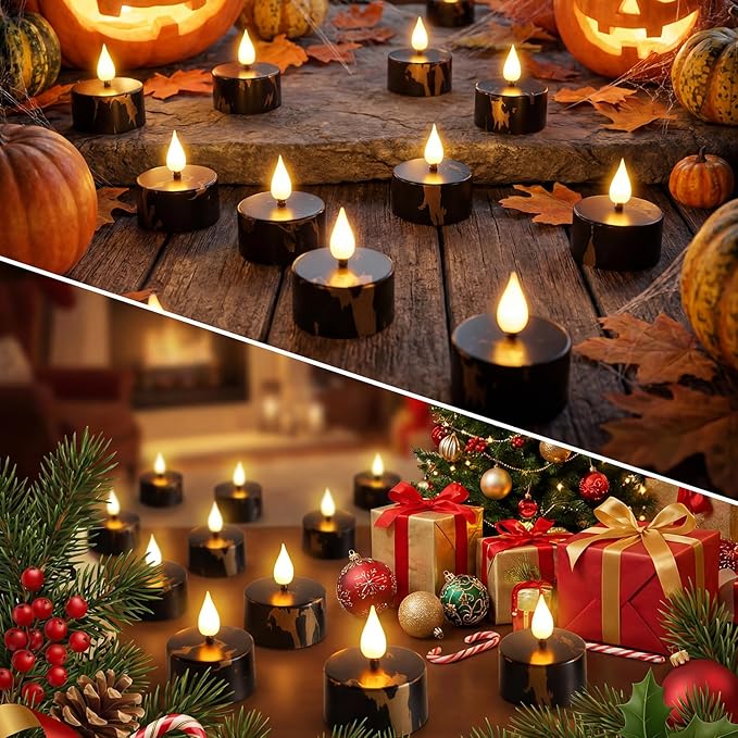 Flameless Tea Lights Candles with Charging Station,Black Marble Pattern,LED Tea Lights Candles with Remote Control Timer for Valentine's Day,Centerpiece Table Decorations,Anniversary,Home Decor,12Pack