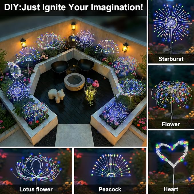 Solar Garden Lights Outdoor, 6 Pack 120 LED Twinkling Firework Lights Decorative with 2 Modes, Outdoor Waterproof Solar Starburst Light for Yard Pathway Planter Patio Decor, Multicolor