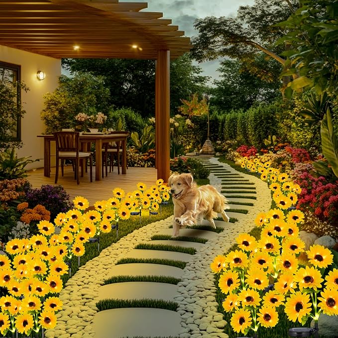 4-Pack Solar Sunflower Garden Decor, 24 LED Flower Stake Lights - Waterproof Long-Lasting Outdoor Solar Patio Decor for Lawn, Yard & Pathway