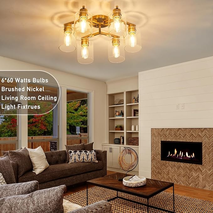 YYT Light Fixtures for Dining Room 6-Light Semi Flush Mount Ceiling Light Fixtures Large Brushed Nickel Kitchen Lighting Fixtures Ceiling with Clear Glass Shade for Living Room - E26