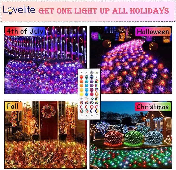 204 LED Net Lights, 35 Colors Changing Christmas Net Lights Outdoor, 9.8ft x 6.6ft Connectable Bush Mesh Light Clear Wire for Halloween Christmas Tree Holiday Wedding Party Gazebo Patio Decor