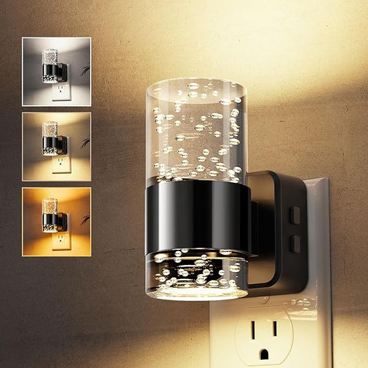 L LOHAS LED Night Lights Plug into Wall, Dimmable Night Light with Dusk-to-Dawn Sensor, Cool White/Soft White/Amber 3 Color Light, Adjustable Brightness, Bubble Nightlight with Rotatable Plug Hallway