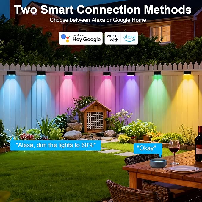Outdoor Deck Lights, 8 Lights Smart Fence Lights Compatible with Alexa & Google Home, IP65 LED Patio Deck Lighting with Remote, Fence Lighting Music Sync for Patio Yard Garden(52.4ft)