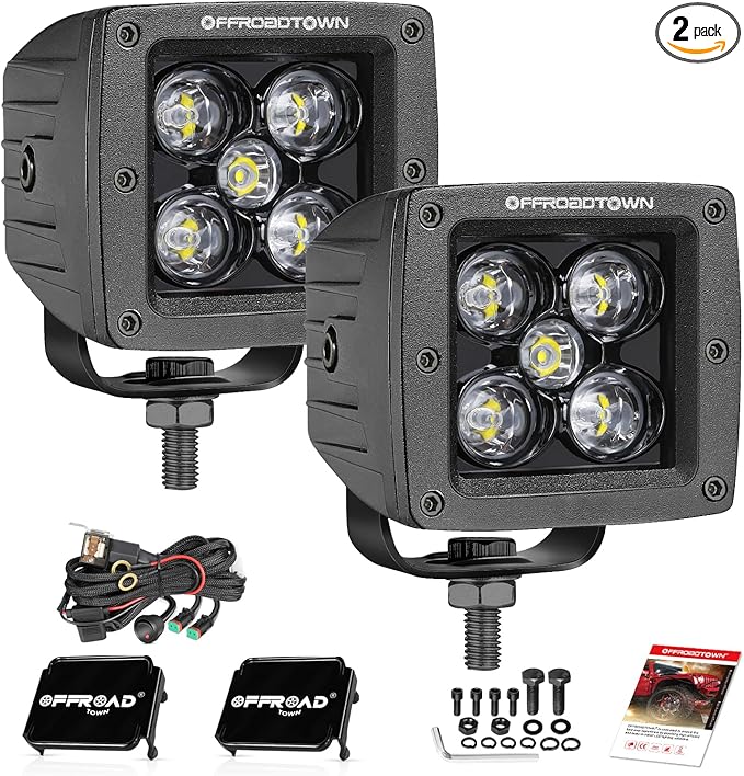 OFFROADTOWN LED Cubes 3" 100W CREE LED Pods with Wiring Harness and Black Cover Spot Off Road Driving Lights Ditch Light Fog Light for Trucks Pickup Motorcycle UTV ATV SUV Boat