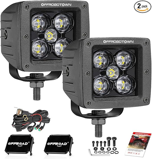 OFFROADTOWN LED Cubes 3" 100W CREE LED Pods with Wiring Harness and Black Cover Spot Off Road Driving Lights Ditch Light Fog Light for Trucks Pickup Motorcycle UTV ATV SUV Boat
