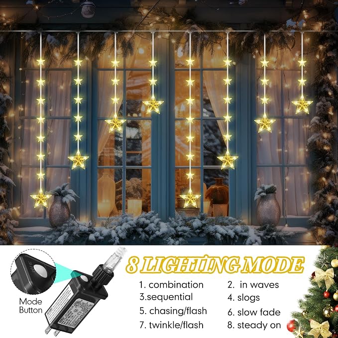 Aurelema 63 Stars Curtain Lights Plug in 9.8 ft 111 LED Christmas Hanging String Light with Remote, 8 Modes Curtain Window Lights for Xmas Home Indoor Outdoor Party Decor(Warm White)