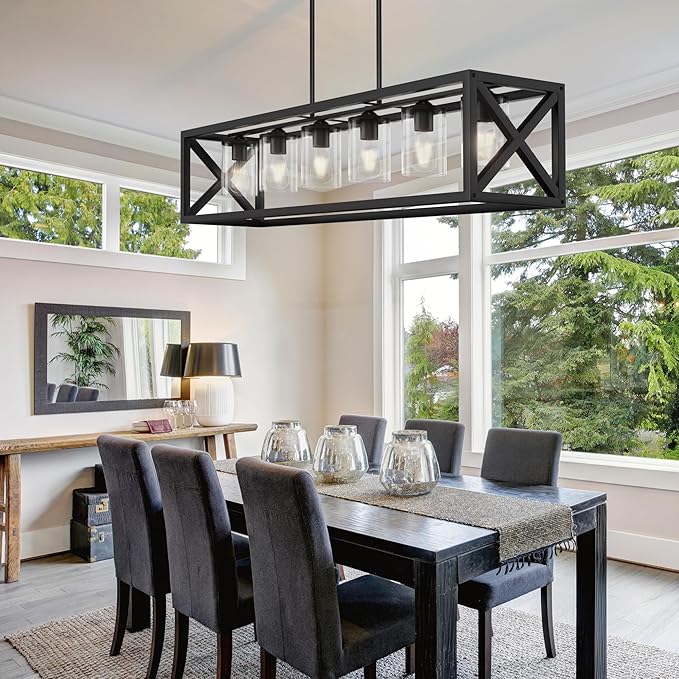 Espird Farmhouse Dining Room Light Fixture - 6 Light Kitchen Island Lighting with Adjustable Height & Thickened Metal Dining Room Light Fixture Over Table，Chandeliers for Dining Room&Kitchen Island