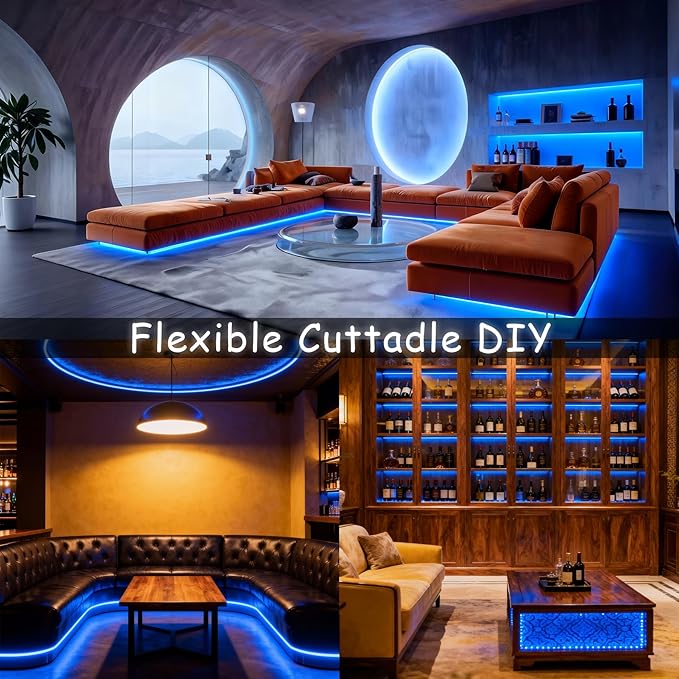 Blue Led Lights Strip Indoor Rope Lights Easy DIY Cuttable Strip Lights for Fish Tank Bar Room Bathroom Living Room Kitchen Ceiling Wall Vanity Mirror Decor