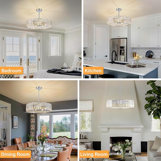 Chrome Crystal Ceiling Light Fixture, Modern Semi Flush Chandelier, Round Hanging Lighting Chandeliers for Dining Room, Kitchen, Bedroom, 6-Light, 19.68 Inch