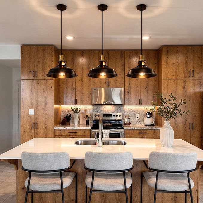 3 Light Pendant Lighting, Farmhouse Hanging Light Fixture for Kitchen Island & Dining Room, Industrial Vintage Ceiling Lamp with E26 Base, Adjustable Height, Black and Gold with Metal Shade