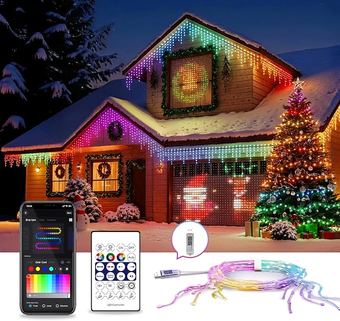 AHAWILL Icicle Lights for Outside,66ft Christmas Lights Outdoor with Dimmable 510LED,IP65 Waterproof,USB Plug in Curtain String Lights with DIY Scene Modes for Party,Roof,Halloween Decor(Multicolor)