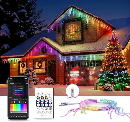 AHAWILL Icicle Lights for Outside,66ft Christmas Lights Outdoor with Dimmable 510LED,IP65 Waterproof,USB Plug in Curtain String Lights with DIY Scene Modes for Party,Roof,Halloween Decor(Multicolor)