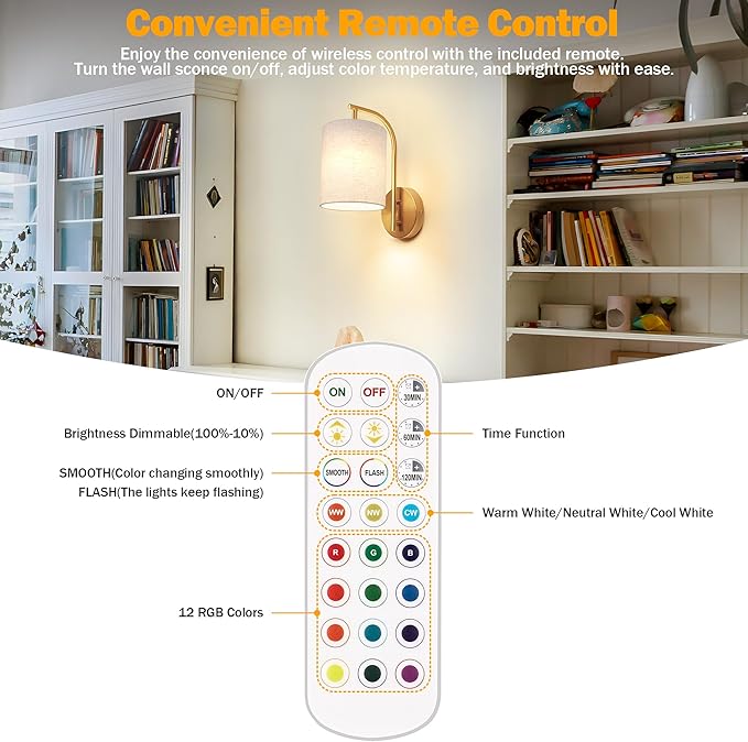 MATAMEYE Battery Operated Wall Sconce Set of 2, Gold Rechargeable Dimmable Wall Light Fixture Remote, 12 RGB Colors & Timer, Wireless Lamp Linen Shade