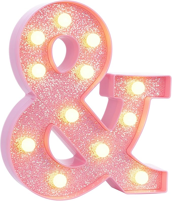 Pink Marquee Light Up Letters, Glitter Alphabet LED Letter Lights for Pink Birthday Party Decorations, Battery Operated Letter Sign for Girls Room Vanity Table Decor, Warm White Lights Symbol &