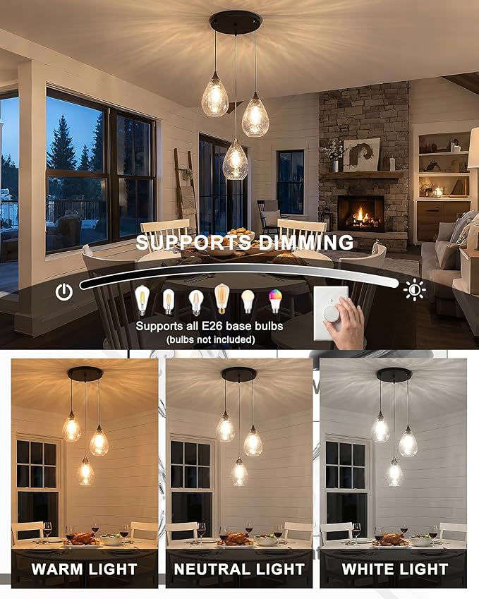 Black 3-Light Pendant Lighting, Modern Dining Room Light Fixture Over Table with Hammered Glass, Cluster Hanging Lights for Kitchen Island Dining Room