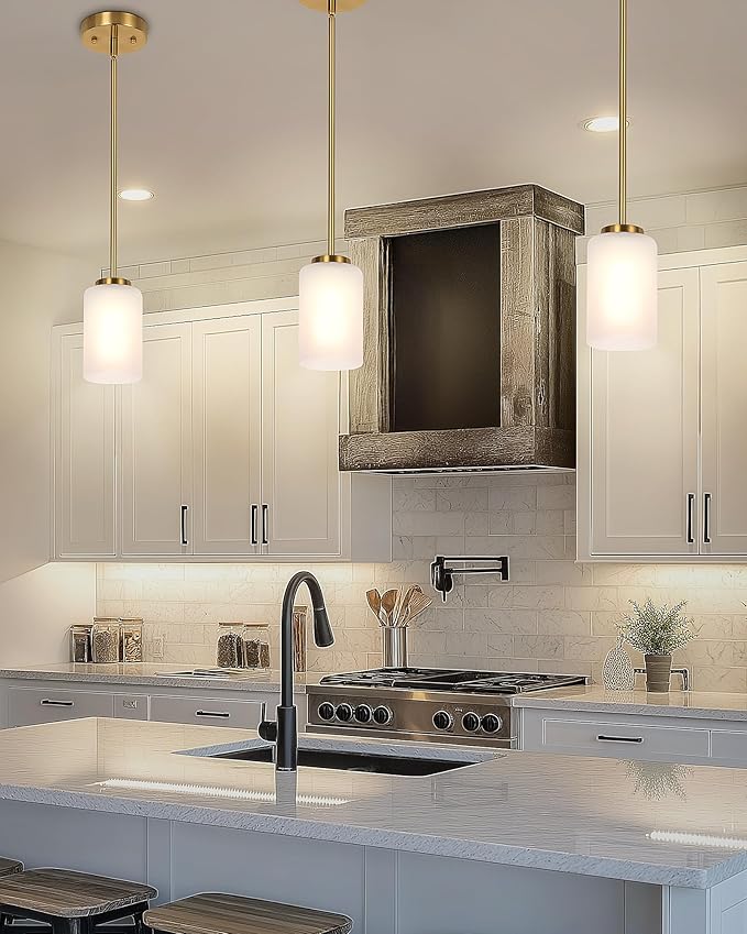 2 Pack Indoor Pendant Light Fixtures, Gold Finish Kitchen Island Hanging Lights Adjustable Ceiling Lamp, Mini Pendant Lights with White Frosted Glass Shade for House Bedroom Hallway