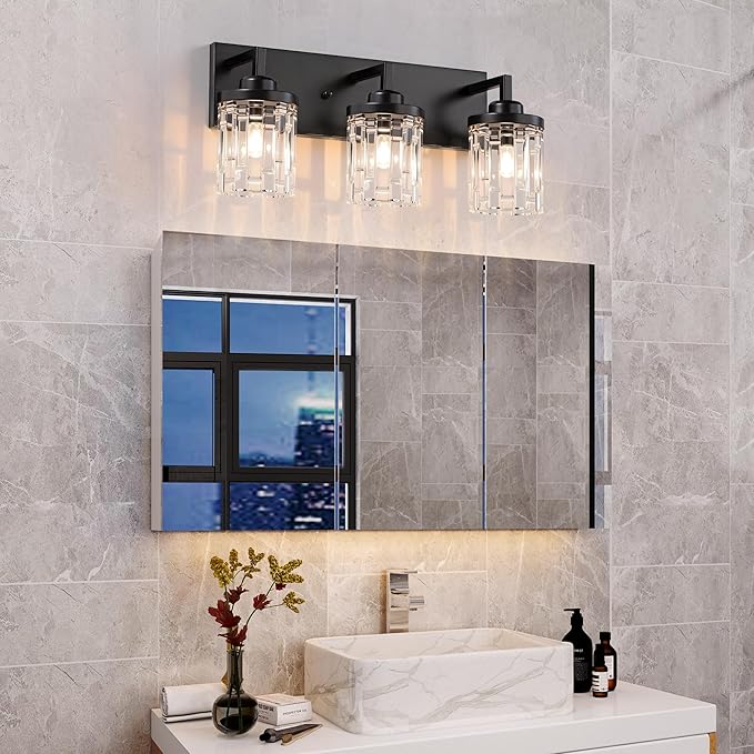 maesta Black Vanity Light, 3 Light Crystal Modern Farmhouse Bathroom Light Fixtures, with Crystal Glass Shade, Rustic Black Bathroom Wall Light Over Mirror for Living Room, Bedroom, Hallway