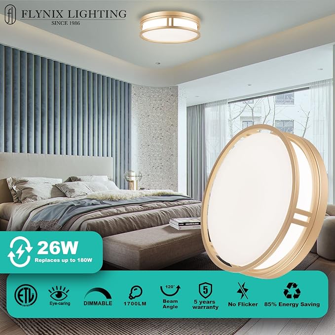12.5 Inch LED Flush Mount Ceiling Light Fixture, 26W, Super Bright 1700 Lumens, 3 Color 3000K/4000K/5000K, Dimmable Ceiling Lamp for Bedroom Hallway Bathroom Kitchen (Gold)