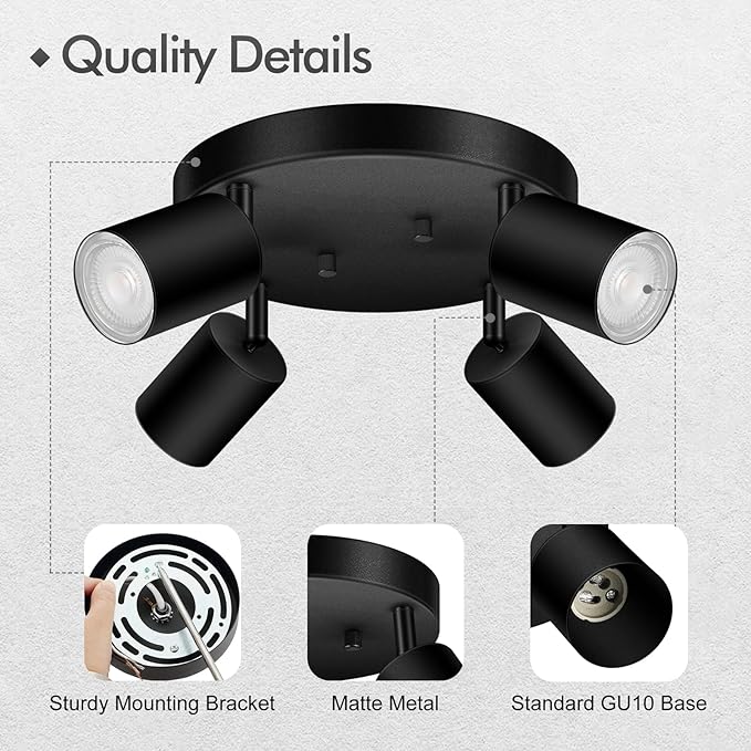 4 Light Track Lighting Fixtures Ceiling, Matte Black Round Directional Ceiling Spotlight, GU10 Flush Mount Track Fixture, Adjustable Modern LED Track Lights for Kitchen/Living Room, Bulb Not Included