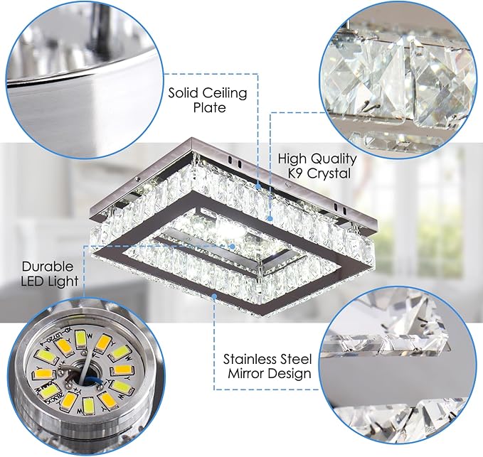 Dimmable Crystal LED Flush Mount Ceiling Light, 11.8"×9.1" Rectangular Close to Ceiling Chandelier, K9 Crystal & Stainless Steel, Remote & App Control, 3000–6500K CCT for Bedroom Living Room