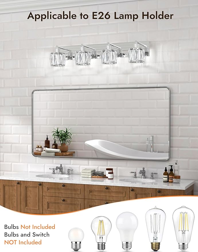 VOLISUN Crystal Vanity Lights for Bathroom, 4 Light Modern Stainless Steel Bathroom Light Fixtures Over Mirror, Chrome Bathrooms Lights Fixtures - UL Certificated (Exclude Bulb)