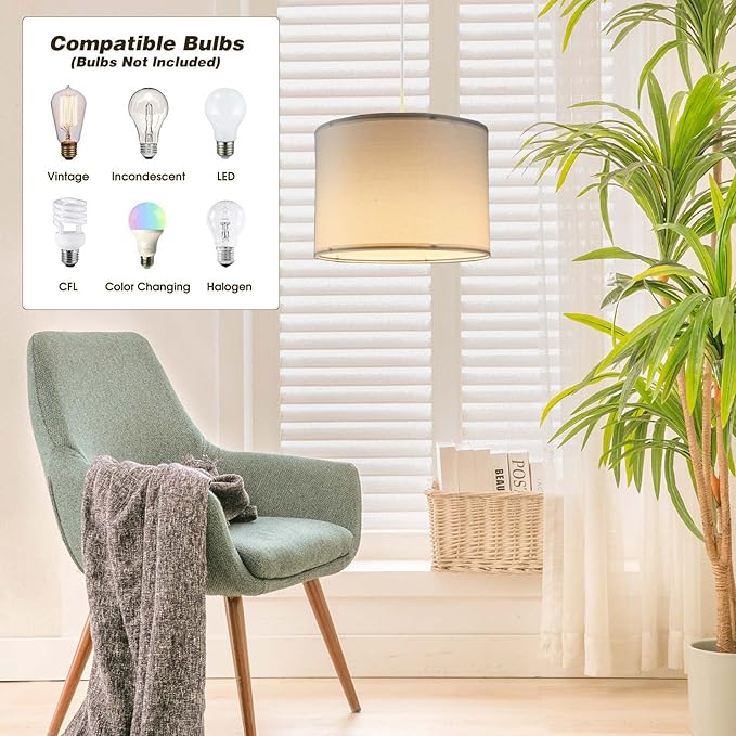 KUAUGST Plug in Pendant Light, 15 FT Hanging Lamp with Plug in Cord, On/Off Switch, Pendant Lighting with Fabric Shade, Hanging Light Fixture for Living Room, Bedroom, Dining Room, Kitchen (White)
