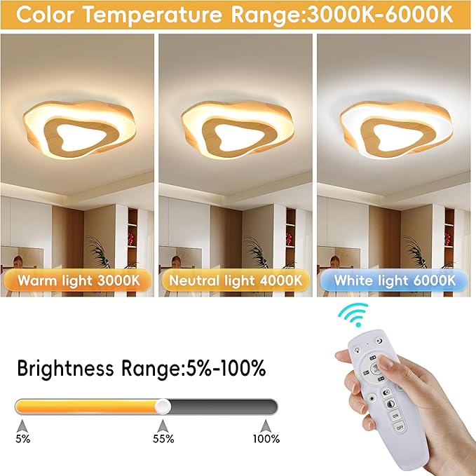 Littleglovo 15.7" Modern Flush Mount LED Chandelier for Dining Room, Dimmable Natural Wood Petal Energy Chandeliers Ceiling Light for Entryway Bedroom Foyer Kitchen Living Room Bathroom