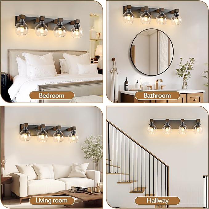 Farmhouse Bathroom Vanity Light Fixtures, 4-Light Wood Bathroom Light Fixtures Over Mirror, Rustic Vanity Lighting with Glass Shade for Living Room, Bedroom, Hallway