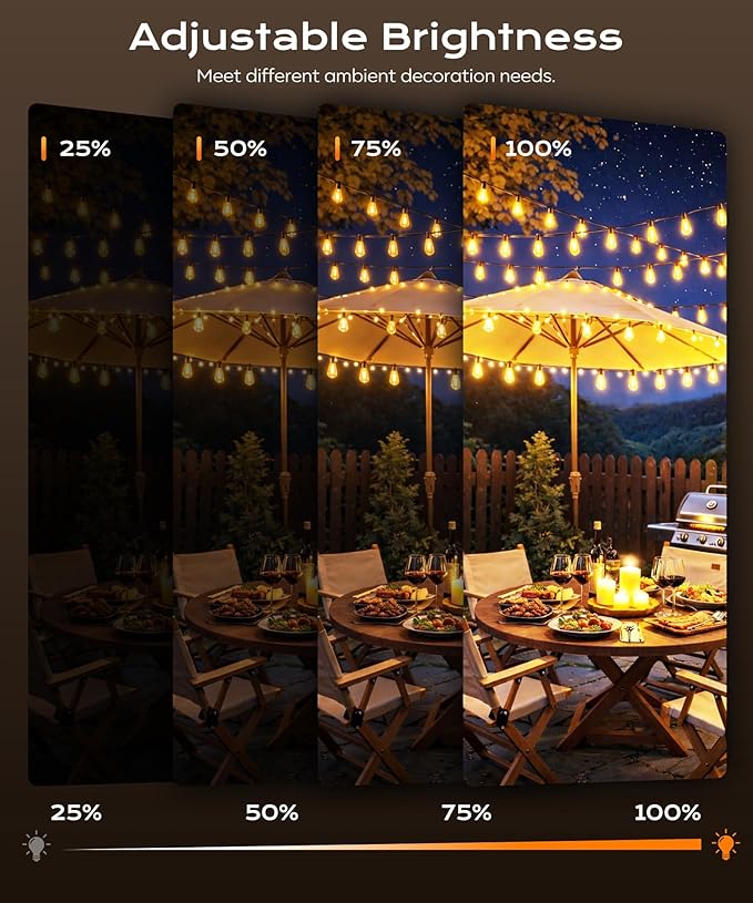 Ecoeve150ft LED Outdoor String Lights Compatible with APP and Remote Control,with Timer Function dimmable, 4 Scene Modes, Warm White Waterproof LED Bulbs, Suitable for Patio and Backyard Decoration